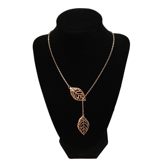 Boho Double Leaf Gold Filigree Lariat Necklace - Picture 3 of 4